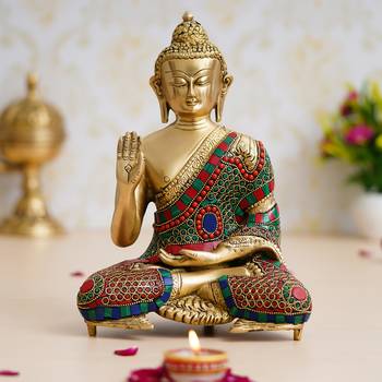 eCraftIndia Colorful Lord Buddha Handcrafted Brass Idol with Stone Work 2