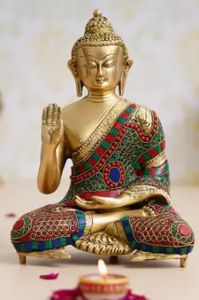 eCraftIndia Colorful Lord Buddha Handcrafted Brass Idol with Stone Work