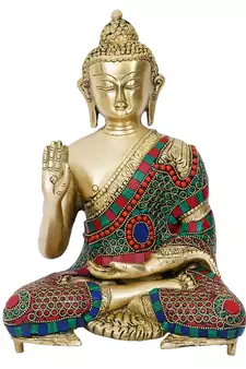 eCraftIndia Colorful Lord Buddha Handcrafted Brass Idol with Stone Work