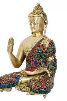 eCraftIndia Colorful Lord Buddha Handcrafted Brass Idol with Stone Work