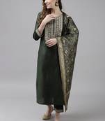 Indo Era Bottle Green Embroidered Straight Kurta Trouser With Dupatta Set