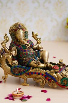 eCraftIndia Colorful Resting Lord Ganesha Handcrafted Brass Idol with Stone Work