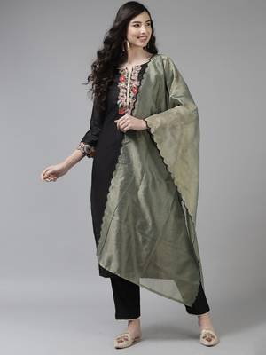 Indo Era Black Embroidered Straight Kurta Trouser With Dupatta Set 1