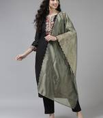 Indo Era Black Embroidered Straight Kurta Trouser With Dupatta Set