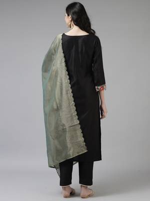 Indo Era Black Embroidered Straight Kurta Trouser With Dupatta Set 2