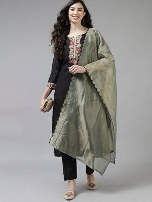 Indo Era Black Embroidered Straight Kurta Trouser With Dupatta Set 4