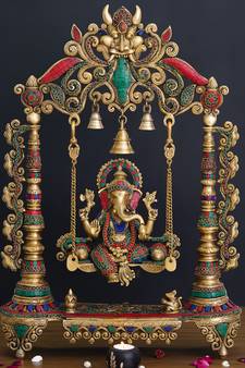 eCraftIndia Lord Ganesha on a Decorated Swing Handcrafted Brass Idol with Stone Work