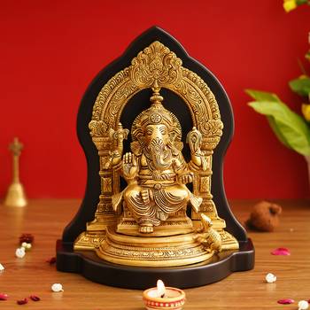eCraftIndia Golden Lord Ganesha Brass Handcrafted Statue on Wooden Base 1