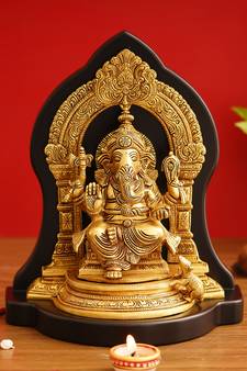 eCraftIndia Golden Lord Ganesha Brass Handcrafted Statue on Wooden Base