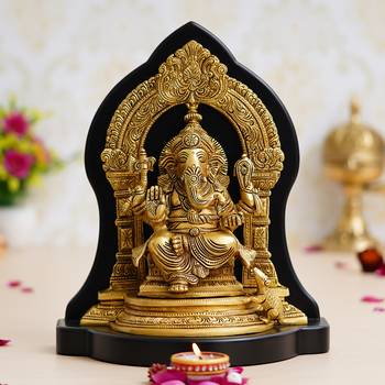 eCraftIndia Golden Lord Ganesha Brass Handcrafted Statue on Wooden Base 2