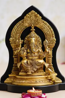 eCraftIndia Golden Lord Ganesha Brass Handcrafted Statue on Wooden Base