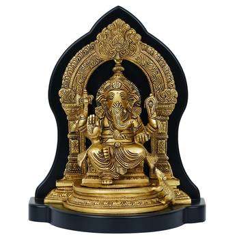eCraftIndia Golden Lord Ganesha Brass Handcrafted Statue on Wooden Base 3