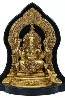 eCraftIndia Golden Lord Ganesha Brass Handcrafted Statue on Wooden Base