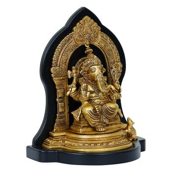 eCraftIndia Golden Lord Ganesha Brass Handcrafted Statue on Wooden Base 5
