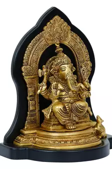 eCraftIndia Golden Lord Ganesha Brass Handcrafted Statue on Wooden Base