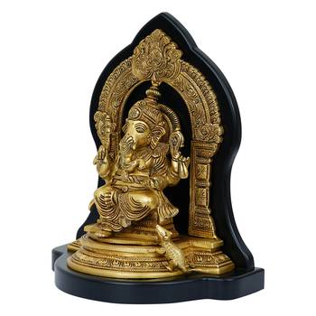 eCraftIndia Golden Lord Ganesha Brass Handcrafted Statue on Wooden Base 6