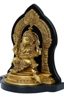 eCraftIndia Golden Lord Ganesha Brass Handcrafted Statue on Wooden Base