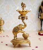 eCraftIndia Golden Decorative Elephant Brass Diya Stand for 5 Wicks