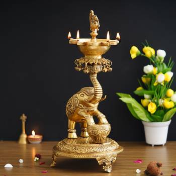 eCraftIndia Golden Decorative Elephant Brass Diya Stand for 5 Wicks 2