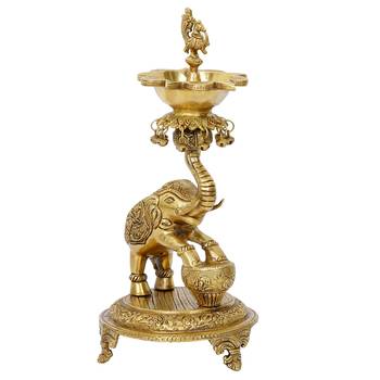 eCraftIndia Golden Decorative Elephant Brass Diya Stand for 5 Wicks 3