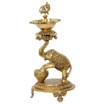 eCraftIndia Golden Decorative Elephant Brass Diya Stand for 5 Wicks 5