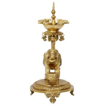 eCraftIndia Golden Decorative Elephant Brass Diya Stand for 5 Wicks 6