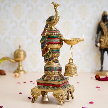 eCraftIndia Colorful Peacock Handcrafted Brass Diya Stand with Stone Work and Bell 1