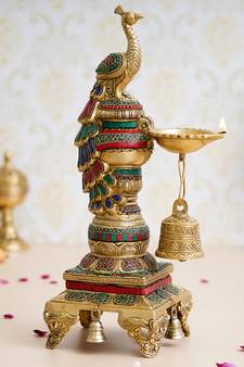 eCraftIndia Colorful Peacock Handcrafted Brass Diya Stand with Stone Work and Bell