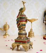eCraftIndia Colorful Peacock Handcrafted Brass Diya Stand with Stone Work and Bell