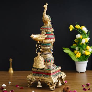 eCraftIndia Colorful Peacock Handcrafted Brass Diya Stand with Stone Work and Bell 2