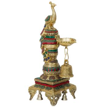 eCraftIndia Colorful Peacock Handcrafted Brass Diya Stand with Stone Work and Bell 3