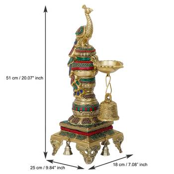 eCraftIndia Colorful Peacock Handcrafted Brass Diya Stand with Stone Work and Bell 4