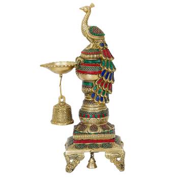 eCraftIndia Colorful Peacock Handcrafted Brass Diya Stand with Stone Work and Bell 5