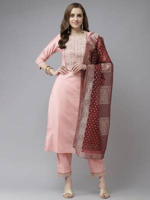 Indo Era Baby Pink Embroidered Straight Kurta Trouser With Dupatta Set 1