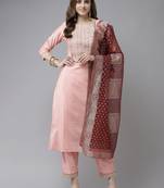 Indo Era Baby Pink Embroidered Straight Kurta Trouser With Dupatta Set