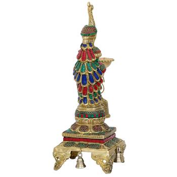 eCraftIndia Colorful Peacock Handcrafted Brass Diya Stand with Stone Work and Bell 6