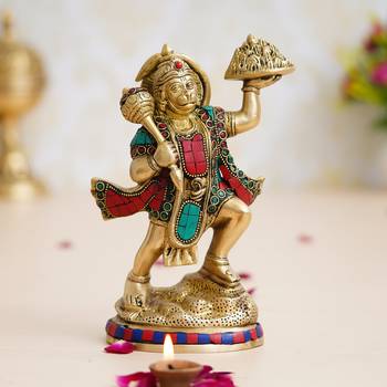eCraftIndia Colorful Lord Hanuman carrying Sanjeevani Mountain Handcrafted Brass Idol with Stone Work 1