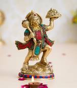 eCraftIndia Colorful Lord Hanuman carrying Sanjeevani Mountain Handcrafted Brass Idol with Stone Work