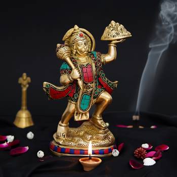 eCraftIndia Colorful Lord Hanuman carrying Sanjeevani Mountain Handcrafted Brass Idol with Stone Work 2