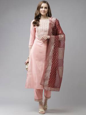 Indo Era Baby Pink Embroidered Straight Kurta Trouser With Dupatta Set 4
