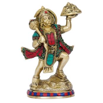 eCraftIndia Colorful Lord Hanuman carrying Sanjeevani Mountain Handcrafted Brass Idol with Stone Work 3