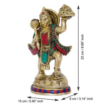 eCraftIndia Colorful Lord Hanuman carrying Sanjeevani Mountain Handcrafted Brass Idol with Stone Work 4