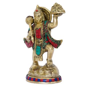 eCraftIndia Colorful Lord Hanuman carrying Sanjeevani Mountain Handcrafted Brass Idol with Stone Work 5
