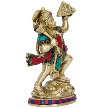 eCraftIndia Colorful Lord Hanuman carrying Sanjeevani Mountain Handcrafted Brass Idol with Stone Work 6