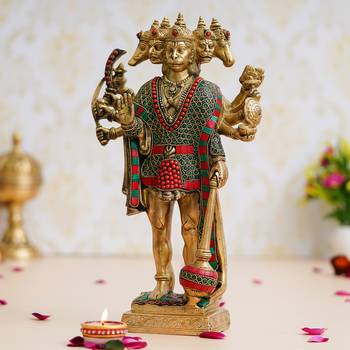 eCraftIndia Colorful Lord Panchmukhi Hanuman Handcrafted Brass Idol with Stone Work 1