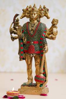 eCraftIndia Colorful Lord Panchmukhi Hanuman Handcrafted Brass Idol with Stone Work