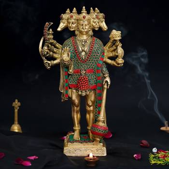 eCraftIndia Colorful Lord Panchmukhi Hanuman Handcrafted Brass Idol with Stone Work 2