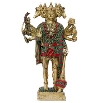 eCraftIndia Colorful Lord Panchmukhi Hanuman Handcrafted Brass Idol with Stone Work 5