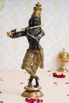 eCraftIndia Lord Krishna Playing Flute Decorative Brass Statue
