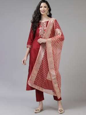Indo Era Maroon Embroidered Straight Kurta Trouser With Dupatta Set 1